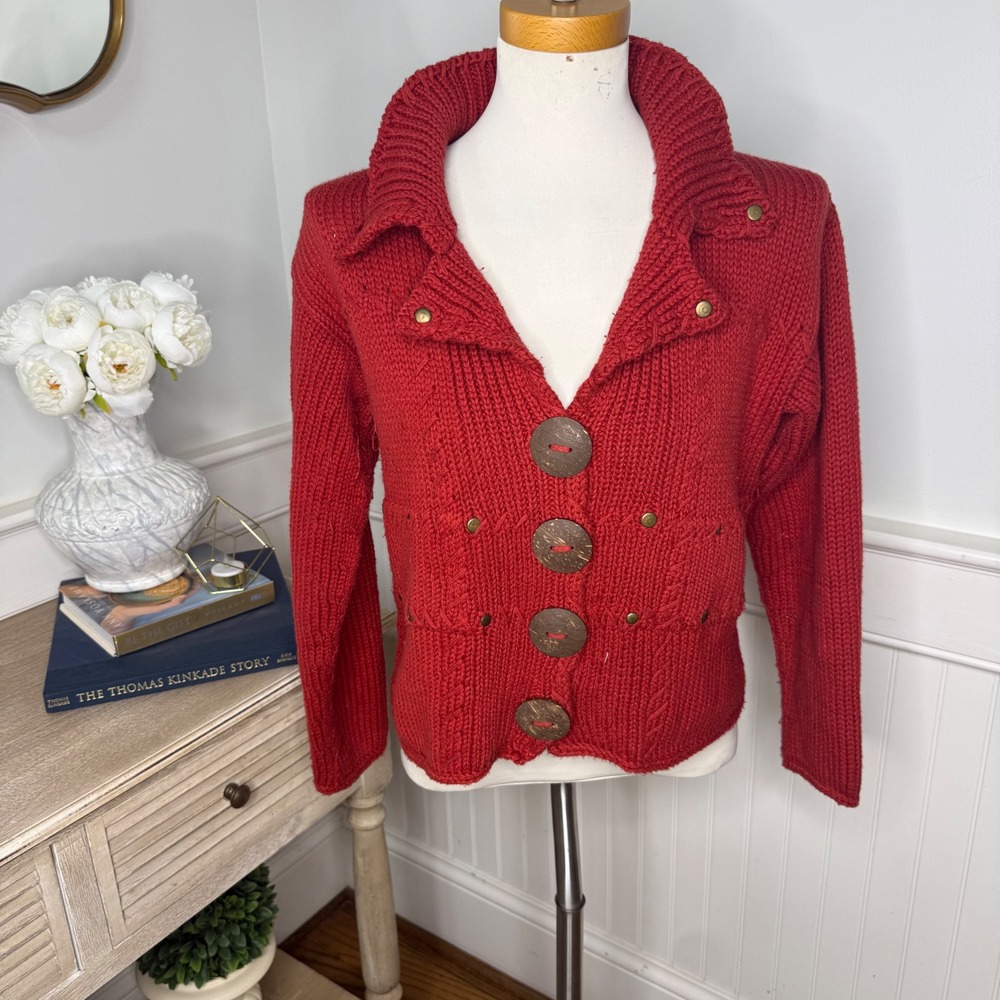 Pure Handknit Red Cotton Cardigan Oversized Coconut Button Sweater S/M
